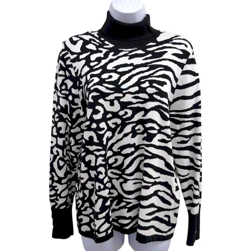 Chico's Womens 2 (L) Turtleneck Sweater Mixed Animal Print Faux Snap Cuff Detail